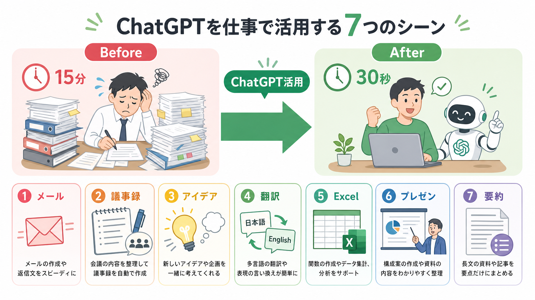 仕事で使える！ChatGPT活用シーン7選の図解